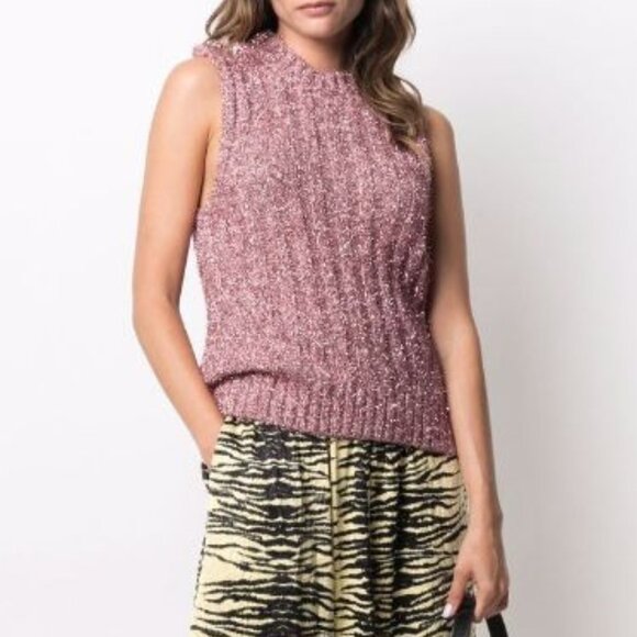 NWT GANNI Crystal-embellished metallic ribbed-knit vest - Picture 2 of 10